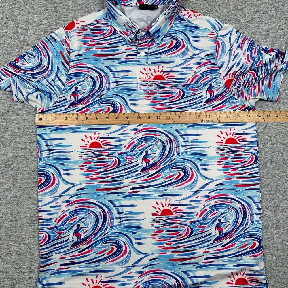 Sunday Swagger Polo Shirt Mens Medium Blue Red Surfer Ocean Print Stretch Golf - Picture 6 of 9